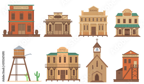 Variety of old houses for western town flat item set. Cartoon traditional wild west wooden buildings isolated vector illustration collection. Architecture and accommodation concept