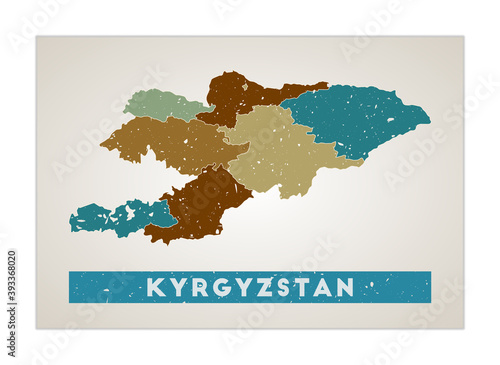 Kyrgyzstan map. Country poster with regions. Old grunge texture. Shape of Kyrgyzstan with country name. Appealing vector illustration.