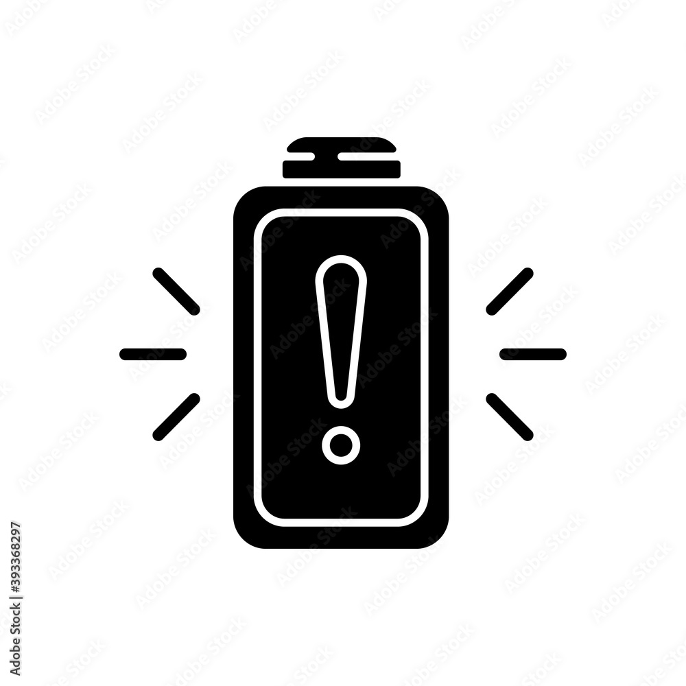 Battery working process risk black glyph icon. Devices chargers working issues. Dangerous power encreasing. Percentage level. Silhouette symbol on white space. Vector isolated illustration Battery working process risk black glyph icon. Devices chargers working issues. Dangerous power encreasing. Percentage level. Silhouette symbol on white space. Vector isolated illustration