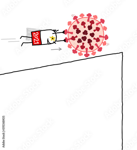 Cartoon 2021 Super Hero Pushing down the Cliff a big Virus
