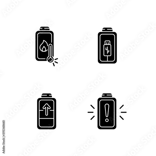 Battery cable charging process black glyph icons set on white space. Overheating troubles. Device working process risks. Increasing percentage. Silhouette symbols. Vector isolated illustration