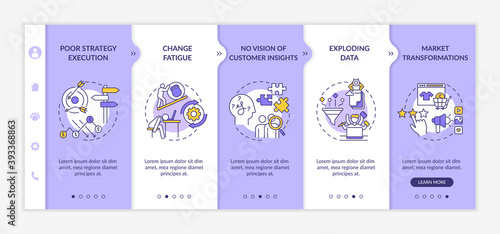 Business problems onboarding vector template. Poor strategy execution. Exploding data. Market transformation. Responsive mobile website with icons. Webpage walkthrough step screens. RGB color concept