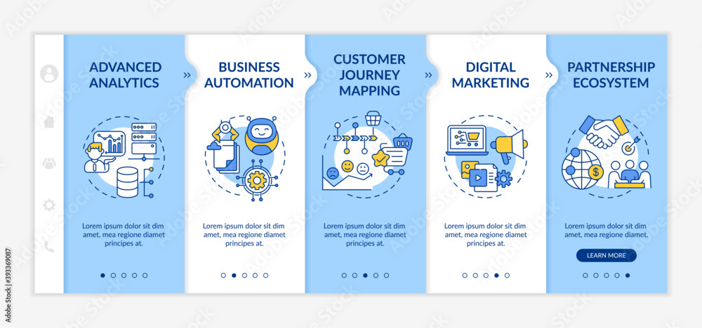 Digital counseling components onboarding vector template. Advanced analytics. Partnership ecosystem. Responsive mobile website with icons. Webpage walkthrough step screens. RGB color concept