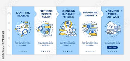Business counseling tasks onboarding vector template. Fostering business agility. Modern software. Responsive mobile website with icons. Webpage walkthrough step screens. RGB color concept