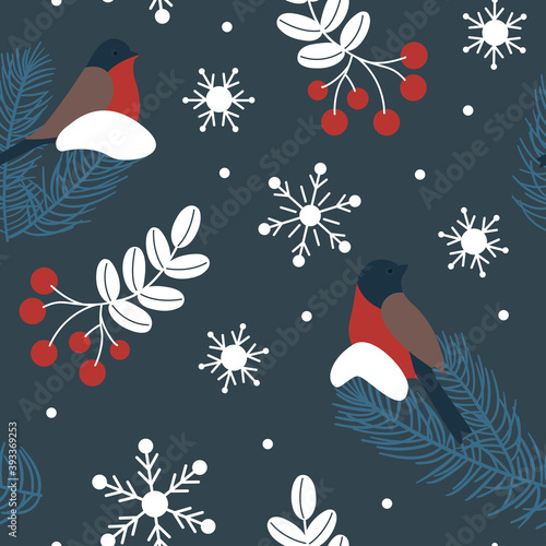 Seamless pattern for winter theme. Bullfinches on the branches of a Christmas tree, bunches of mountain ash in the snow, snowflakes. Christmas and New Year design.