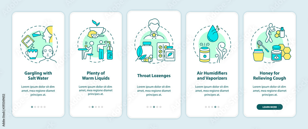 Sore throat treatment onboarding mobile app page screen with concepts. Salt water, warm liquids, lozenges walkthrough 5 steps graphic instructions. UI vector template with RGB color illustrations