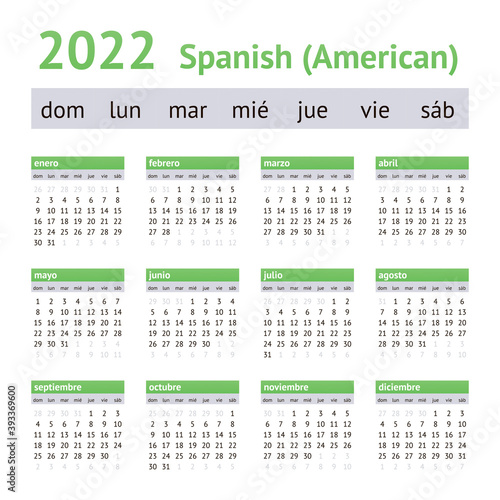 2022 Spanish American Calendar. Weeks start on Sunday