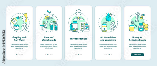 Sore throat treatment onboarding mobile app page screen with concepts. Salt water, warm liquids, lozenges walkthrough 5 steps graphic instructions. UI vector template with RGB color illustrations
