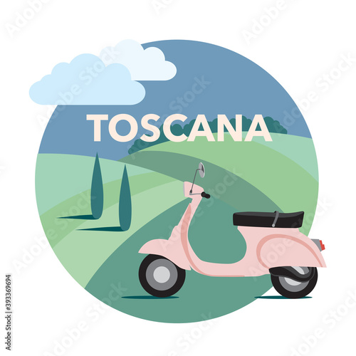 Tuscany typical landscape with a motorbike vector illustration