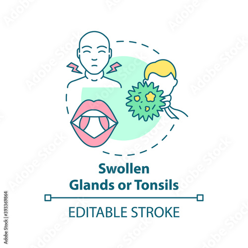Swollen glands and tonsils concept icon. Sore throat symptom idea thin line illustration. Painful swallowing. Tonsillitis. Tender jaw, neck. Vector isolated outline RGB color drawing. Editable stroke