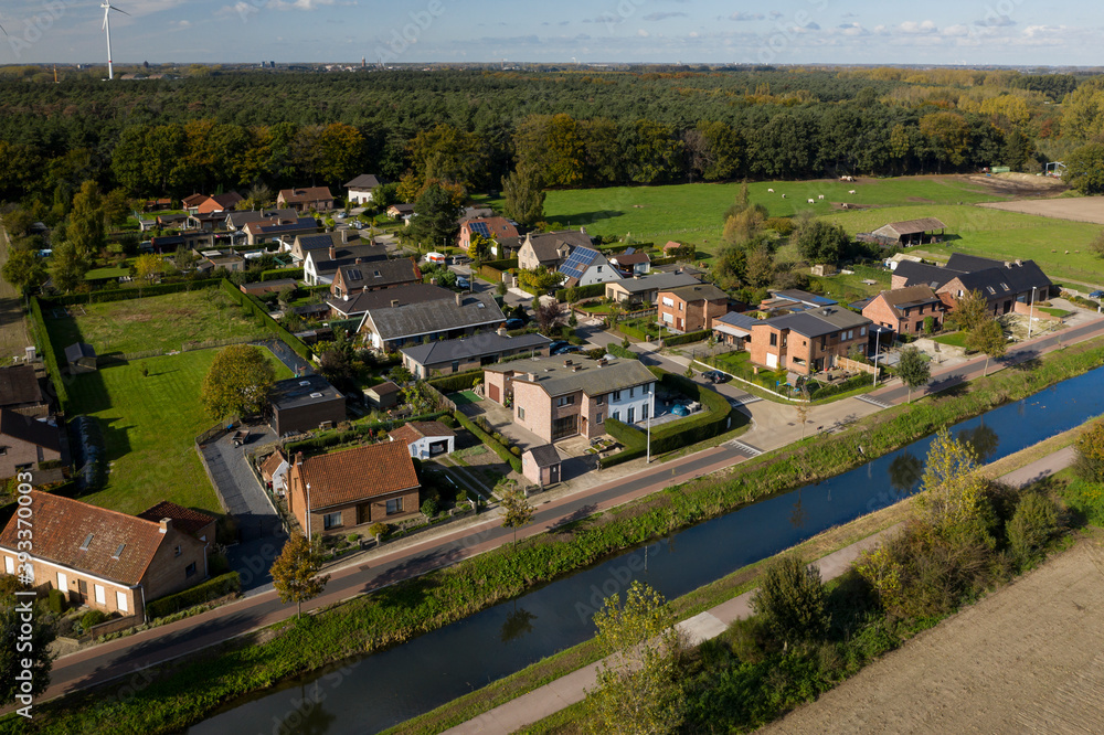 Wachtebeke, Belgium - October 29 2019: Aerial view of a residential area in the Flemish town of Wachtebeke