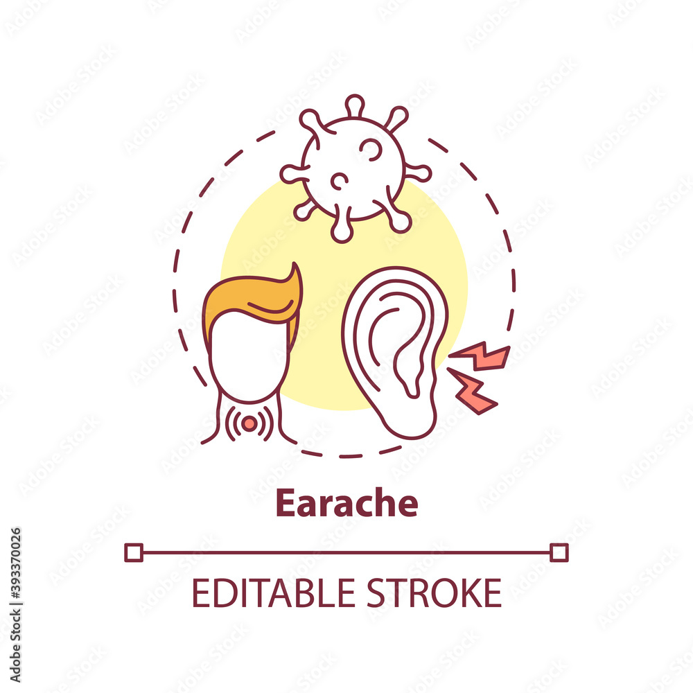 Earache concept icon. Sore throat complication idea thin line illustration. Tonsillitis and pharyngitis. Outer and middle ear infections. Vector isolated outline RGB color drawing. Editable stroke