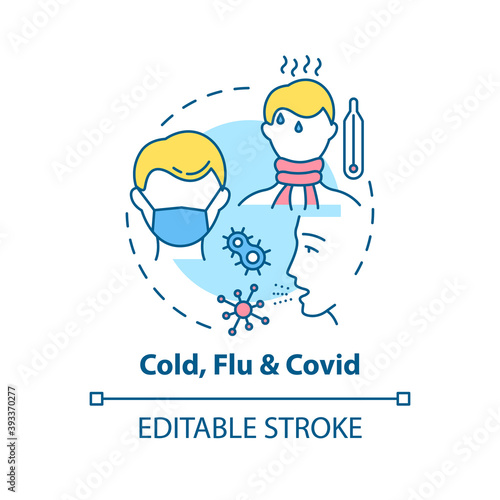 Cold, flu and covid concept icon. Contagious respiratory illness idea thin line illustration. Fever, chills, body aches and cough. Vector isolated outline RGB color drawing. Editable stroke