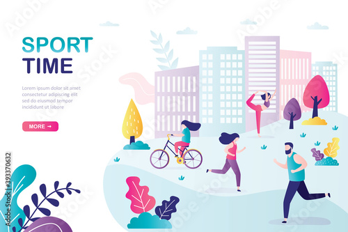 People do physical activity outdoors. Female character rides bicycle at park. Woman and man running outdoor in sportswear. City landscape