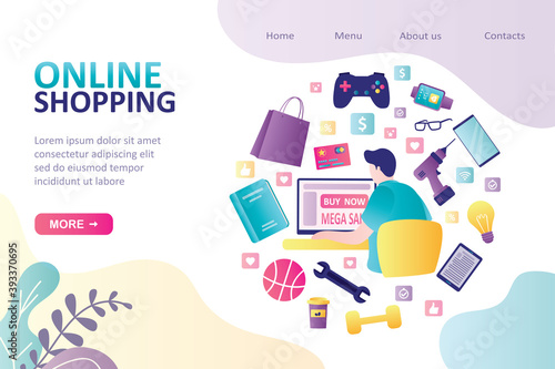 Online shopping landing page template. Male character buying goods and things on the internet. Payment by credit card.
