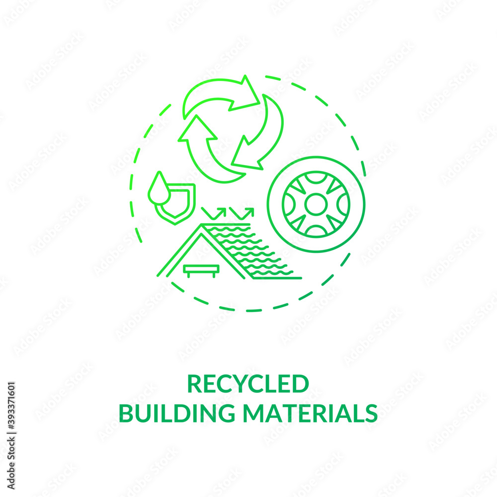 Recycled building materials green concept icon. Eco friendly resources. House construction. Reuse waste. Biophilia idea thin line illustration. Vector isolated outline RGB color drawing Recycled building materials green concept icon. Eco friendly resources. House construction. Reuse waste. Biophilia idea thin line illustration. Vector isolated outline RGB color drawing