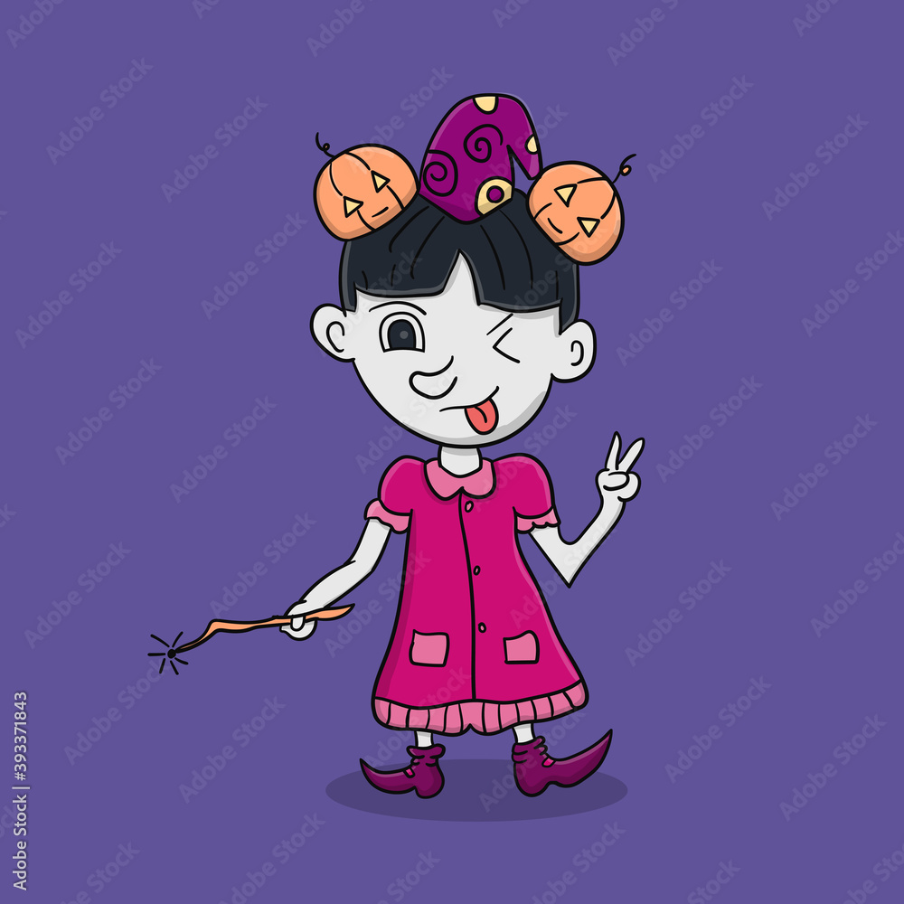 Illustration vector graphic of witch kids woman with pumpkin in hair Illustration vector graphic of witch kids woman with pumpkin in hair