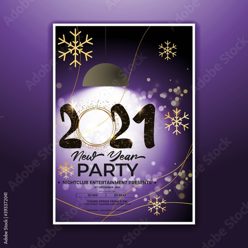 Vector illustration of New Year 2021 party invitation poster with beautiful bokeh background, New year DJ party poster , flyer, big party, free drinks & food, dj night, disco night