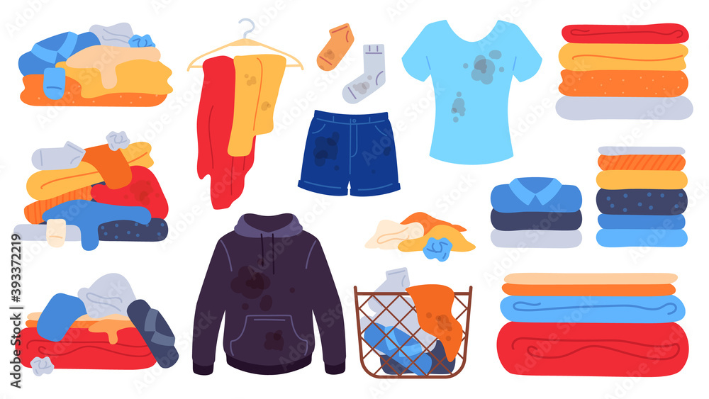 Dirty and clean clothes. Flat laundry basket, jeans, t-shirt and socks with  stains. Dirty clothing piles, towels stack. Washing vector set.  Illustration dirty clothing illustration pile Stock Vector | Adobe Stock