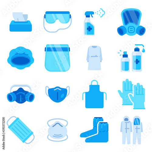 Ppe icons. Medical mask, sanitizer spray, disinfection bottle, gloves and antibacterial wipe. Covid personal protective equipment vector set. Illustration disinfection and sanitizing to, care