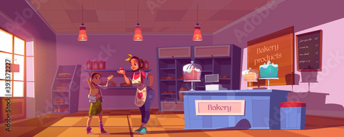 Confectionery shop cartoon vector illustration. Girl buying products in bakery, woman owner of bake house giving sweet cupcake to little customer holding paper shopping package with bread and baguette