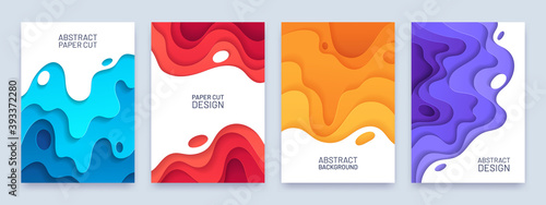 Abstract paper cut cover. Layer wavy shapes 3d pattern. Red, blue and orange flyer or banner template in carving art style. Curve vector set decoration carving template illustration