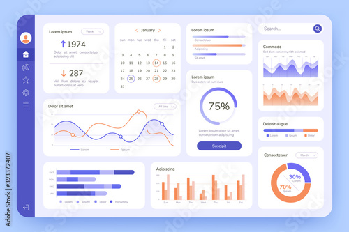 Dashboard. UI infographic, data graphic and chart. Screen with business analytics. Admin statistical software, web interface vector template. Illustration statistical infographic data screen