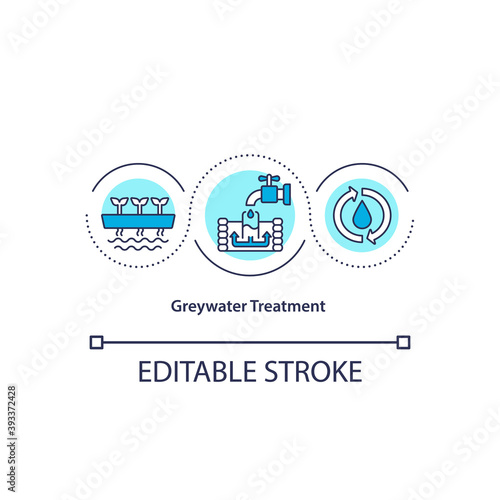 Greywater treatment concept icon. Sustainable water consumption. Waste reuse in utility service. Biophilia idea thin line illustration. Vector isolated outline RGB color drawing. Editable stroke