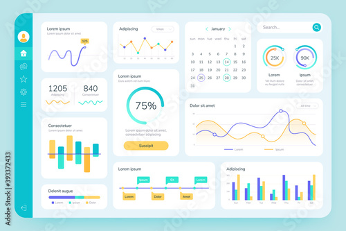 Dashboard UI. Simple data software, chart and HUD diagrams, admin panels. Modern financial application interface template vector infographic. Illustration report diagram visualization statistic photo