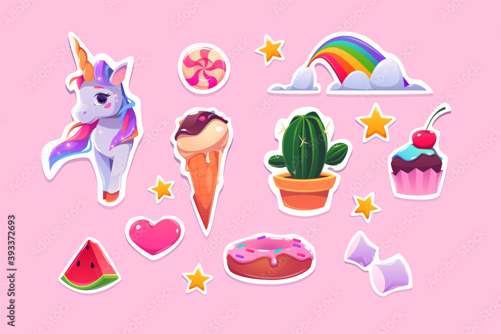 Naklejka premium Cute stickers for girls cartoon unicorn, ice cream, rainbow and pink heart, watermelon slice, stars, cupcake and donut with marshmallow, candy and cactus in pot Cartoon vector illustration, icons set