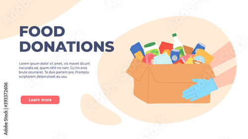 Food donation. Volunteers hands in gloves holding box with grocery and products. Charity food drive poor homeless people vector concept. Illustration donate and care, assistance food and help charity