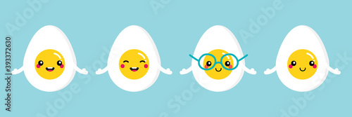 Set, collection of cute cartoon style boiled eggs characters with different facial expressions, emotions.