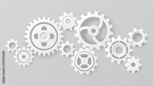 Gear wheels. Realistic 3d white cogs and gears mechanism. Teamwork cooperation machine symbolism. Engineering and technology vector. Cooperation and connection, technical equipment