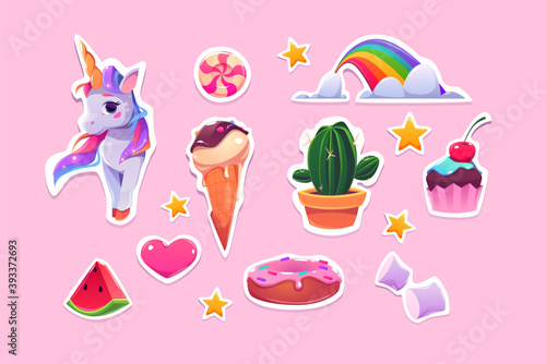 Cute stickers for girls cartoon unicorn, ice cream, rainbow and pink heart, watermelon slice, stars, cupcake and donut with marshmallow, candy and cactus in pot Cartoon vector illustration, icons set