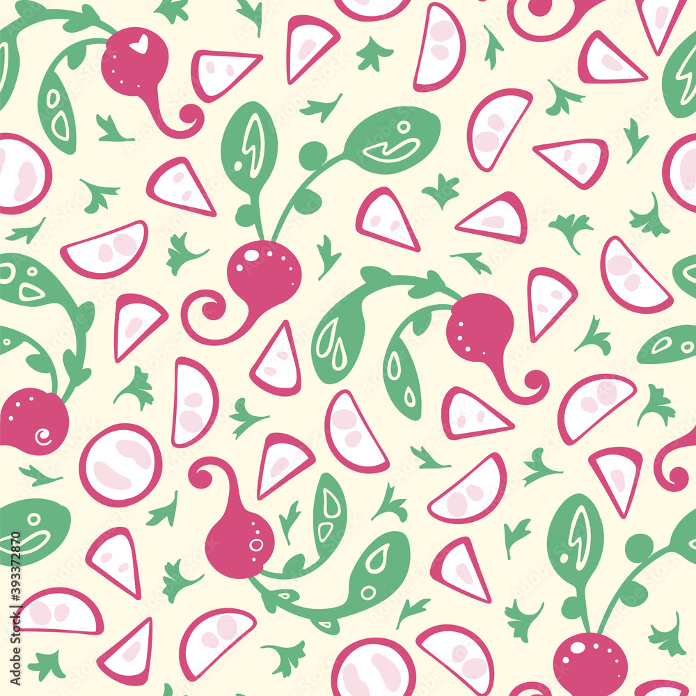 Vector seamless pattern for wallpaper, textile fabric, wrapping paper. Vegetable hand drawn ornament with radish and parsley on yellow background. Vector seamless pattern for wallpaper, textile fabric, wrapping paper. Vegetable hand drawn ornament with radish and parsley on yellow background.