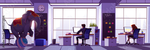 Concept of ignore elephant in room. Illustration of idiom about avoid controversy, oblivious obvious problems and unpleasant issues. Vector cartoon office interior with busy people and circus elephant