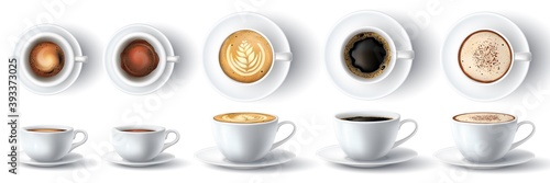 Coffee cup. Realistic hot ristretto, espresso, foam americano, latte and cappuccino with cream in cups. Mug front and top view 3d vector set. Illustration aroma liquid in cup, container realistic