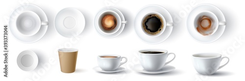 Coffee cups. Realistic 3d empty, dirty, ceramic and paper cup. Americano with foam and espresso top and side view. Coffees mockup vector set. Illustration closeup cup mock up, disposable container