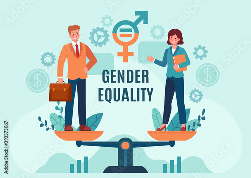 Gender business equality. Employee woman and man standing on balanced scales. Fair job opportunity and salary. Equal rights vector concept. Gender equality professional opportunity illustration