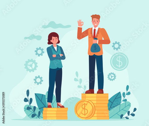 Gender salary gap. Business man and woman standing on unequal money stacks. Female discrimination. Inequality in job payment vector concept. Illustration finance rights unequal, payment disparity
