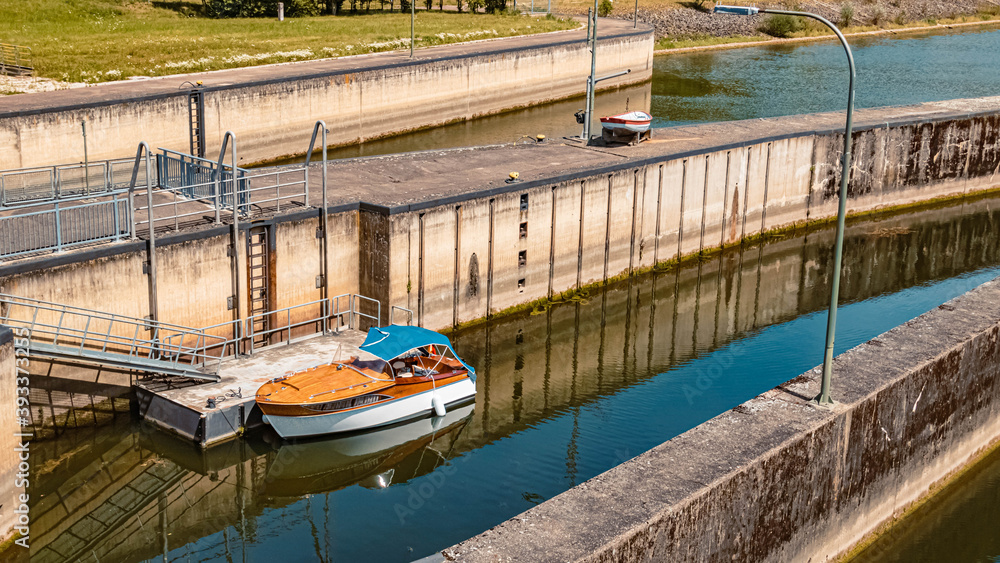 Beautiful harbour view with a boat near the famous Befreiungshalle, Kelheim, Danube, Bavaria, Germany Beautiful harbour view with a boat near the famous Befreiungshalle, Kelheim, Danube, Bavaria, Germany