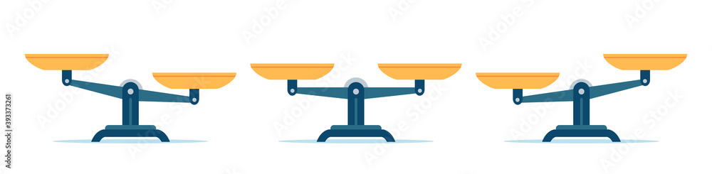 Scales in balance and imbalance. Flat libra icon with gold bowls in equal position. Weight mass comparison on leverage scales, vector set. Illustration equality measurement, weigh imbalance Scales in balance and imbalance. Flat libra icon with gold bowls in equal position. Weight mass comparison on leverage scales, vector set. Illustration equality measurement, weigh imbalance