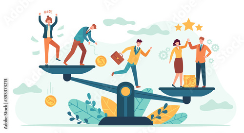 Employees balance scales. Good and bad business tiny people comparison. Employee or client choose job team. Teamwork success vector concept. Illustration balance professional business