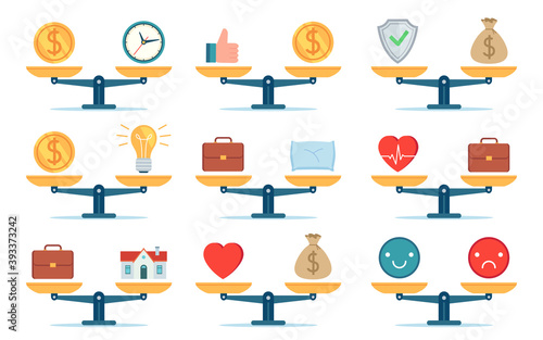 Scales work balance. Time is money, home and business, job and family life, price and idea comparison. Flat icon choice concept vector set. Illustration scale balance, idea and home life, job and time