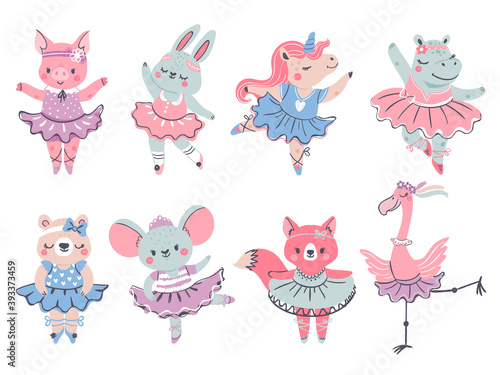 Ballet animals. Bunny, fox and unicorn ballerina in scandinavian style. Pig, bear, hippo and flamingo dance in tutu. Girl fashion vector set. Ballerina animal in dress, cute bunny dancer illustration