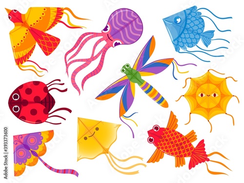 Kite designs. Cartoon flying child toy in form of ladybug, butterfly, fish and bird in sky. Indian kites festival makar sankranti vector set. Octopus and dragonfly, ladybug soaring in sky illustration