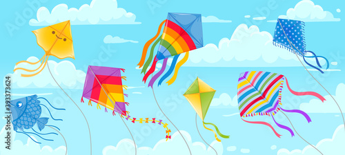 Kites in sky. Summer blue skies and clouds with kite on string flying in wind. Kites festival banner. Outdoor fun hobby vector background. Illustration kite in air sky, different outdoor toys photo
