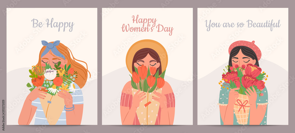 Woman with flower bouquet. Happy international womens day, valentines and mothers days. Beauty girls and spring bouquets vector card set. Illustration young woman, holiday mother day card
