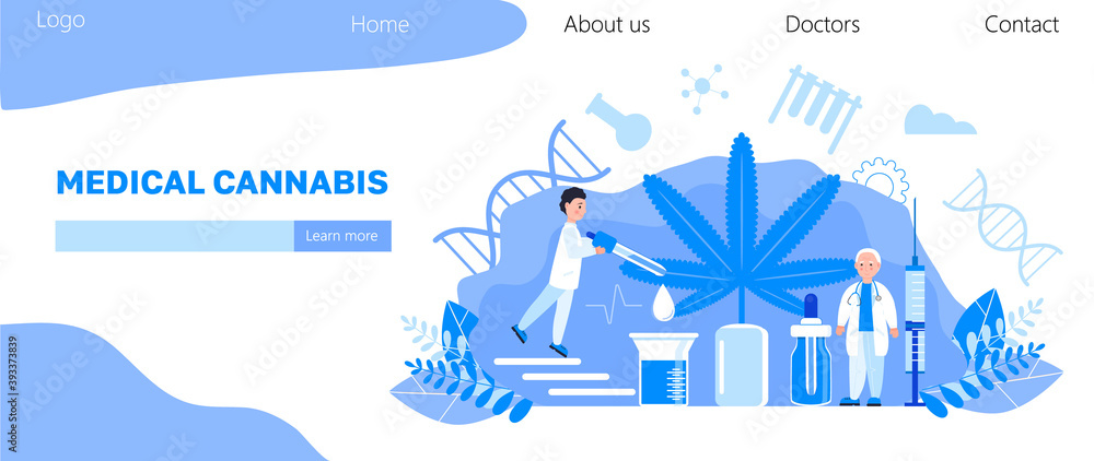 Naklejka premium Medical cannabis concept vector. Tiny doctors show advantages of medical marijuana, cannabinoids medicinal drugs. Bottle with CDB oil. Health care homepage, template