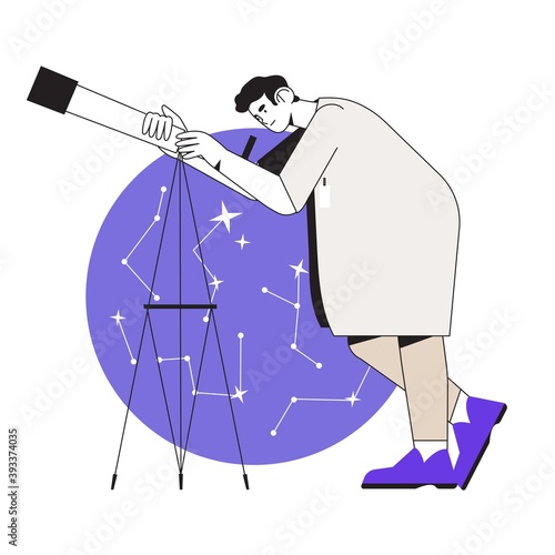 Scientist looking through field glass or telescope on sky, stars and space. Concept of search, discovery, research. Character with telescope for logo, emblem, ui ux, mobile application or web design.